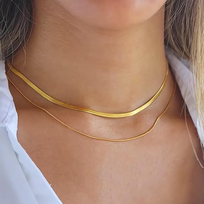 18K Gold Plated Herringbone Necklace Set for Women - Set of 2 (16"+18"),Layered Flat Snake Chain Choker-18K Gold & White Gold Tone -Tarnish Resistant Jewelry Gifts for Women/Girl