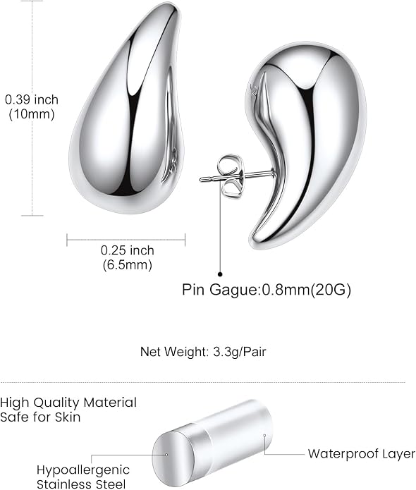KeyStyle Chunky Gold Hoop Earrings for Women Trendy, Stainless Steel TearDrop Hoops Earring, Lightweight Water Drop Ear Jewerly