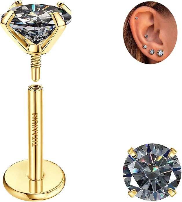 GEMQUEEN Moissanite Earrings G23 Titanium Extended Internal Thread Flat Back Earrings Hypoallergenic Tragus Cartilage Helix Conch Piercing Jewelry for Women Men 18G 6/8mm Post Gray/D Color 0.2-3CT