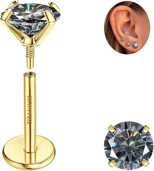 GEMQUEEN Moissanite Earrings G23 Titanium Extended Internal Thread Flat Back Earrings Hypoallergenic Tragus Cartilage Helix Conch Piercing Jewelry for Women Men 18G 6/8mm Post Gray/D Color 0.2-3CT
