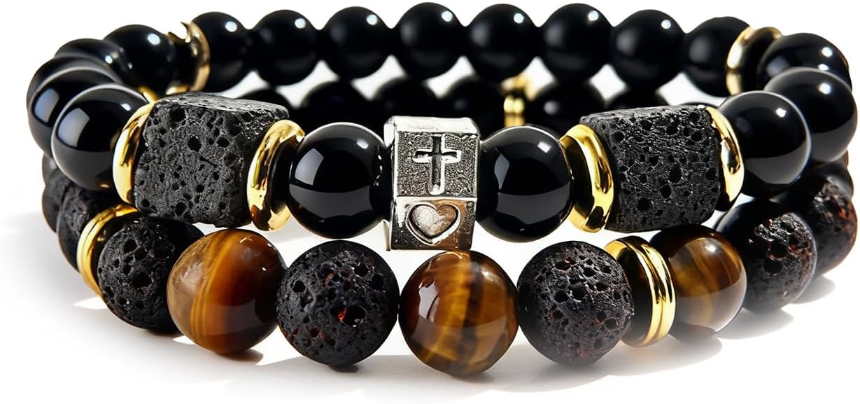 Beaded Bracelets for Men, 8MM Black Obsidian Tiger Eye Lava Rock Stone Bracelet, Cross Diffuser Aromatherapy Bracelet Set for Him Dad