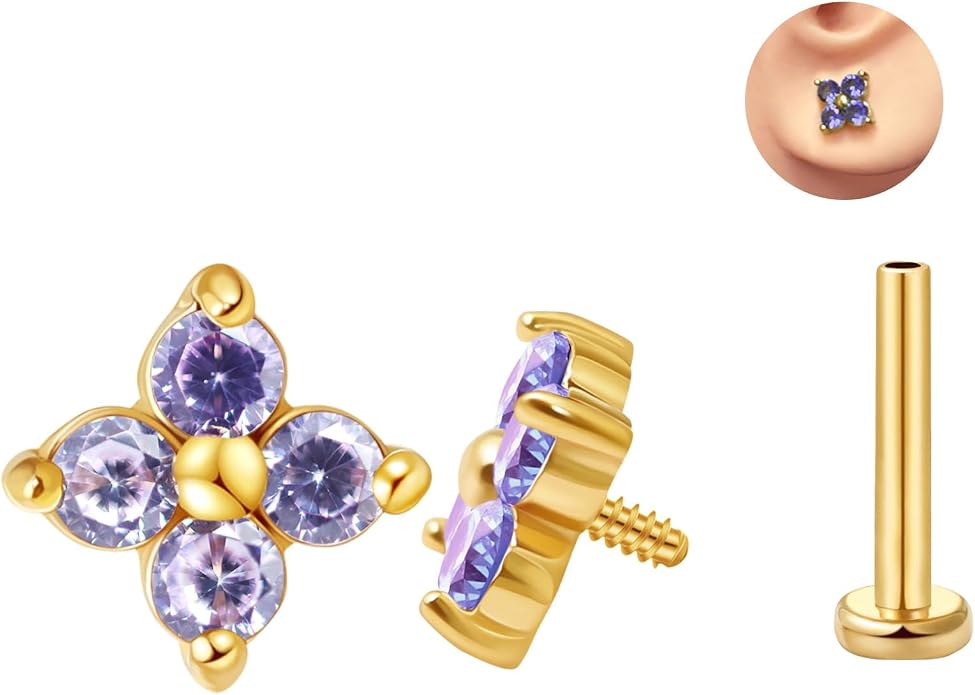 FANSING CZ Flower Internally Threaded Flat Back Earring Labret Stud for Cartilage Tragus Helix Conch