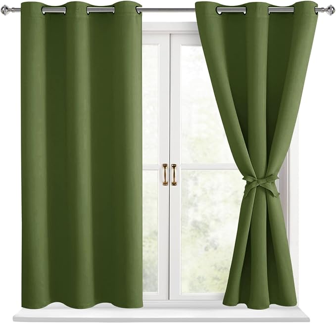 Hiasan Blackout Curtains for Bedroom - Thermal Insulated & Energy Saving Window Curtains for Living Room, 2 Drape Panels Sewn with Tiebacks, Olive Green, 42 x 54 Inch