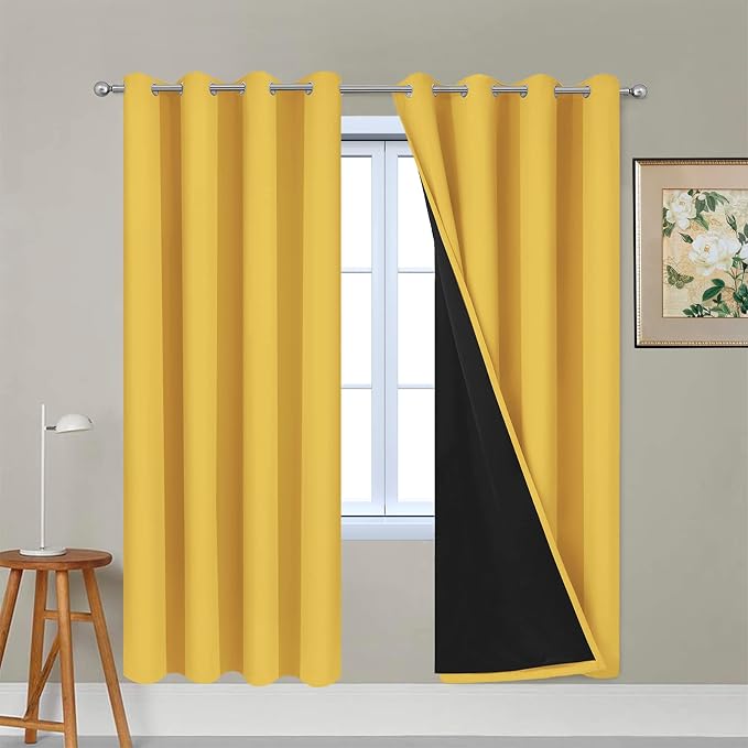 Yakamok Mustard Yellow Blackout Curtains Panels 72 Inches Long, 52" Wide | Blackout Curtain Panels for Bedroom, 2 Thick Layers Grommet Top Thermal Insulated Drapes with Black Liner for Living Room