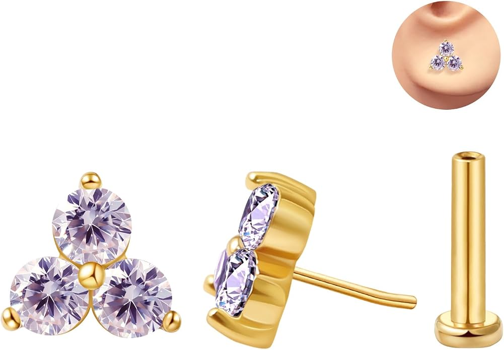 FANSING Cartilage Earring Tragus Stud Trio CZ Stone Flat Back Earring for Helix Conch Threadless Push Pin Labret Stud
