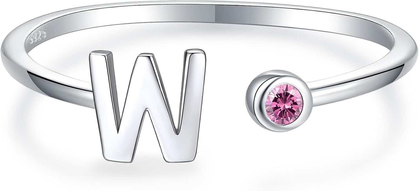 925 Sterling Silver Initial Letter Birthstone Rings for Women Adjustable 1-12 Month Birthstone Alphabet Stacking Ring for Teens Girls Stackable Birthstone Rings Birthday Jewelry Gift for Daughter Mom
