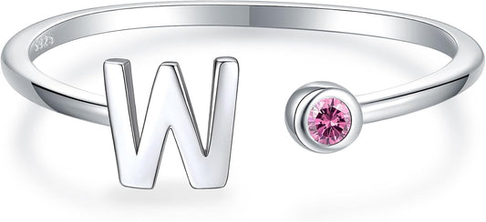 925 Sterling Silver Initial Letter Birthstone Rings for Women Adjustable 1-12 Month Birthstone Alphabet Stacking Ring for Teens Girls Stackable Birthstone Rings Birthday Jewelry Gift for Daughter Mom