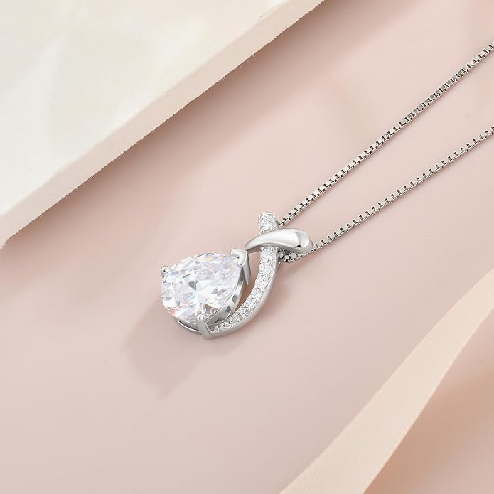 Teardrop Birthstone Necklace for Women,925 Sterling Silver Pear Cut Zircon Gemstone Pendant Necklace for Birthday Engagement Anniversary Wedding Jewelry