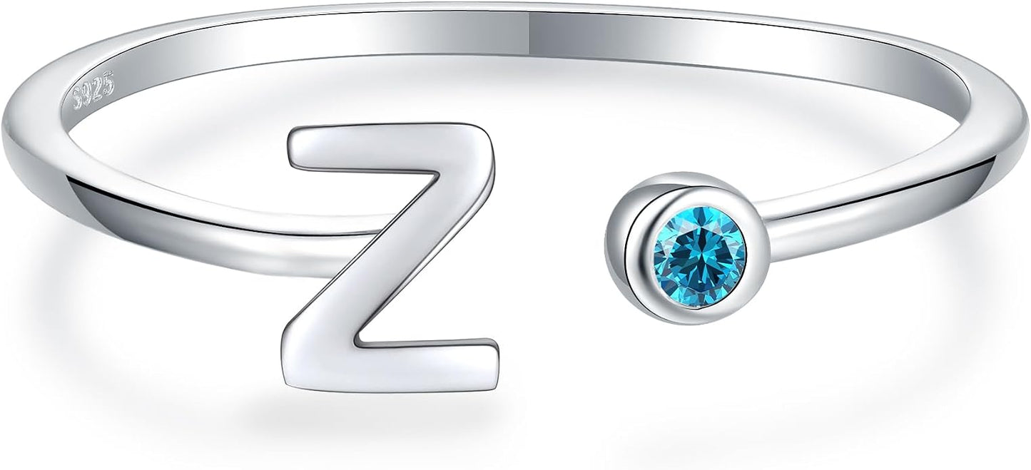 925 Sterling Silver Initial Letter Birthstone Rings for Women Adjustable 1-12 Month Birthstone Alphabet Stacking Ring for Teens Girls Stackable Birthstone Rings Birthday Jewelry Gift for Daughter Mom