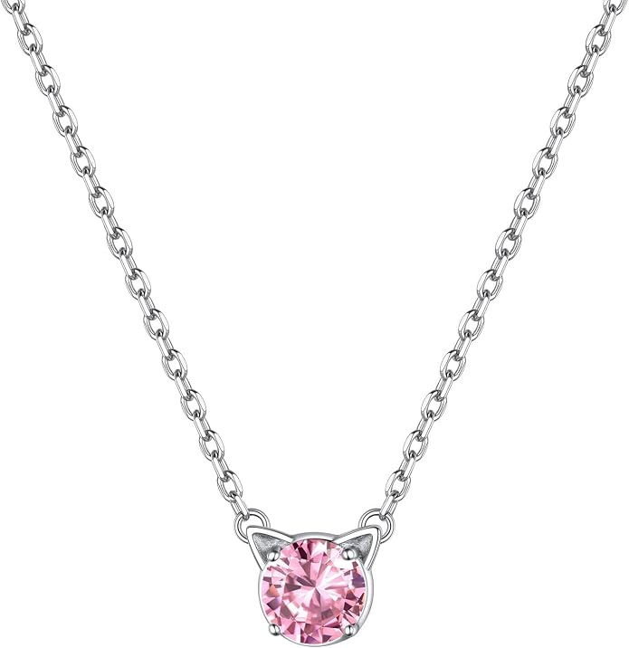 ChicSilver Bow and Cat Birthstone Necklace, 925 Sterling Silver Pendant Necklaces for Women, Hypoallergenic Silver Choker with 16 inch Rolo Chain, 12 Months Jewelry for Valentines Mothers Day Christmas