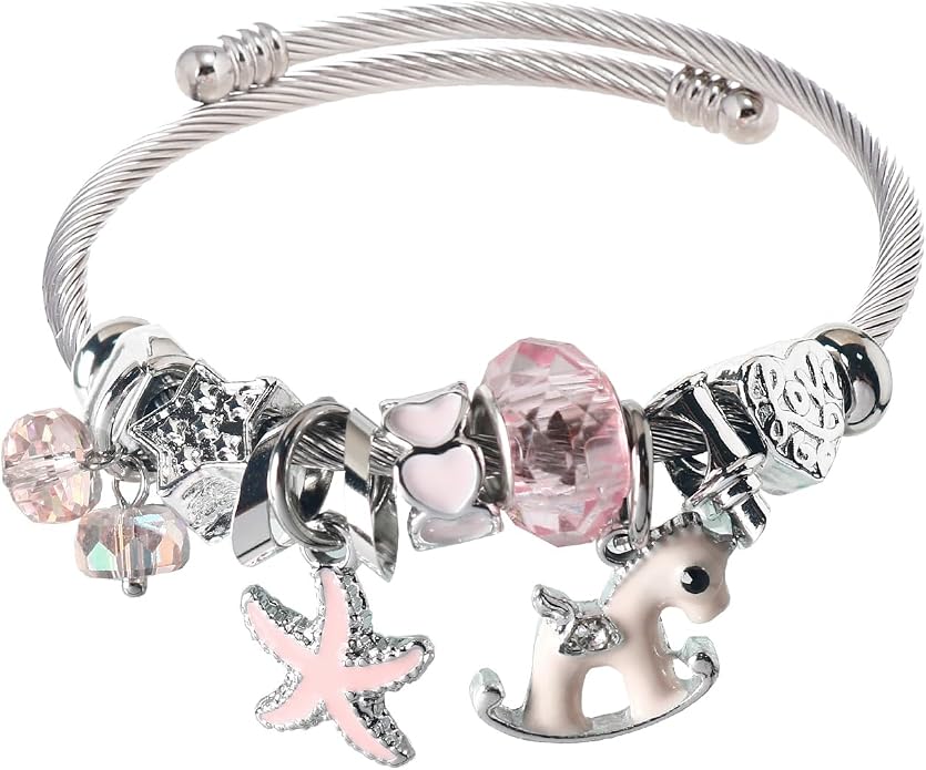 DS Charm Bracelets for girls,exquisite cute cartoon friendship bracelets Silver Stainless Steel Bangle with birthday Gift box, Adjustable girls jewelry Suitable for holiday gifts