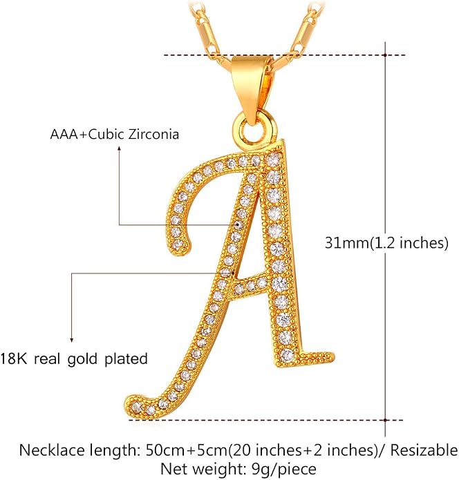 U7 Initial Necklace for Women, Gold/Platinum Plated CZ Crystal Letter A-Z Pendant Necklace, Shiny 20 Inch Name Chain Dainty Personalized Jewelry for Men Mom Wife Friend