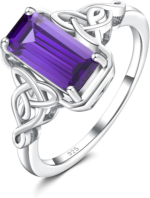 DAYBYDAY Celtic Birthstone Rings for Women, 925 Sterling Silver/18K Gold Plated Emerald Cut Celtic Knot Engagement Wedding Ring, Square Created Gemstone Promise Rings for Her Size 6-10