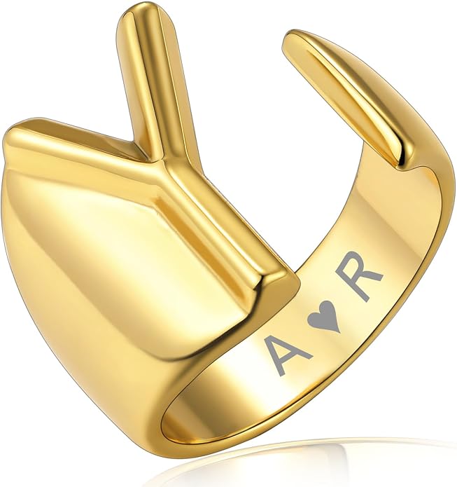 KeyStyle Bold Initial Letter Rings Adjustable, GoldChic Jewelry Women Gold Statement Ring Personalized Engraved Women’s Open Signet Ring for Party (Gold, White Gold, Black)