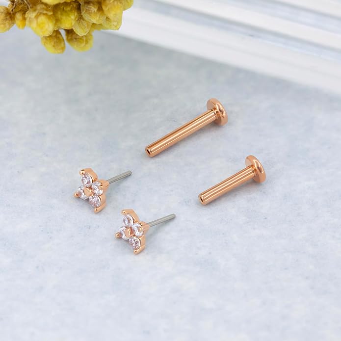14K Yellow/White/Rose Gold Cartilage Earring Top Push in 1 Pcs Threadless Flower Flat Back Stud Nose Stud Lip Ring 16G Helix Tragus Piercing Jewelry for Women 6mm 8mm