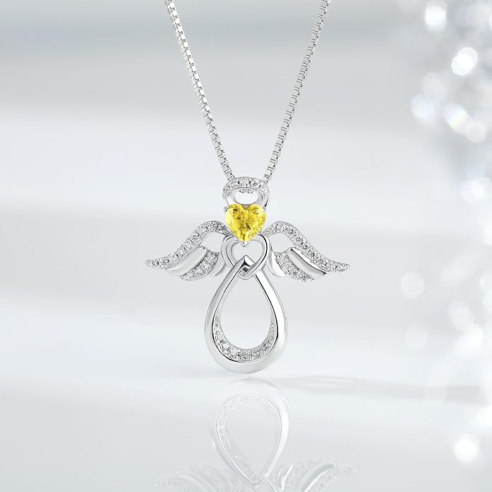 925 Sterling Silver Guardian Angel Pendant Necklace for Women with Birthstone Cubic Zirconia Little Angel Pendant Necklace Jewelry 18 inch Chain