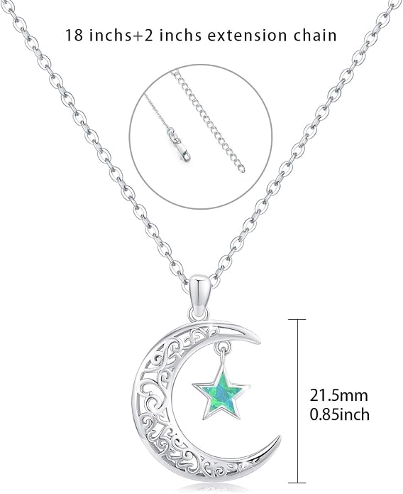 TRISHULA Moon Star Necklace, 925 Sterling Silver Crescent Moon Sun Pendant with Moonstone Crescent Jewelry Gift for Her Sister Birthday Christmas