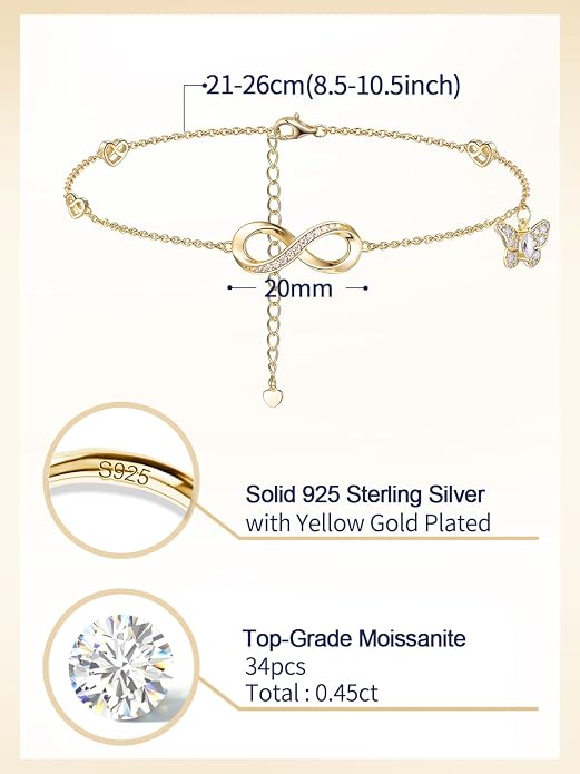 Moissanite Infinity Anklet for Women, Real Authentic 925 Sterling Silver Hypoallergenic, Beautiful Summer Jewelry, Dainty Ankle Bracelet, 8.6-10.6inch (21-26cm) Adjustable