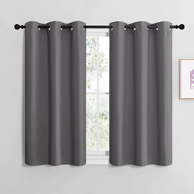 NICETOWN Grey Blackout Curtain Panels for Bedroom, 2 Panels, W29 x L36-inch, Thermal Insulated Grommet Top Blackout Draperies and Drapes for Basement