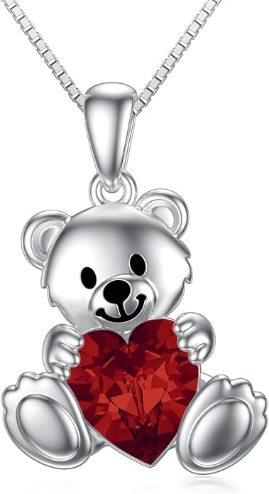 PELOVNY Teddy Bear Necklace for Women 925 Sterling Silver Bear/Highland Cow/Fox/Cat/Axolotl Birthstone Necklace Christmas Birthday Jewelry Gifts for Mom Daughter Wife Sister