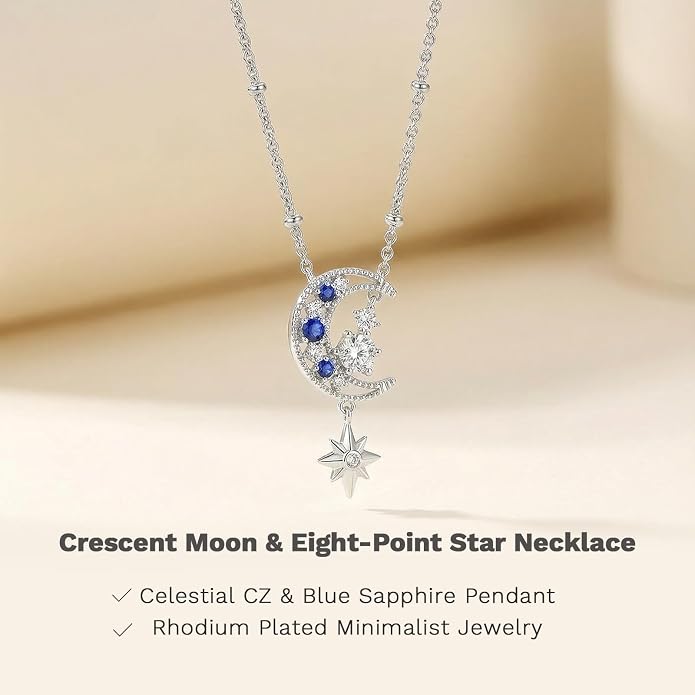 Miss mimi CZ Pendant Necklace, Golden Yellow Princess Cut or Crescent Moon, 18K Gold Plated, Adjustable 16” or 18 + 2”in Chain, Celestial & November Birthstone Citrine Style