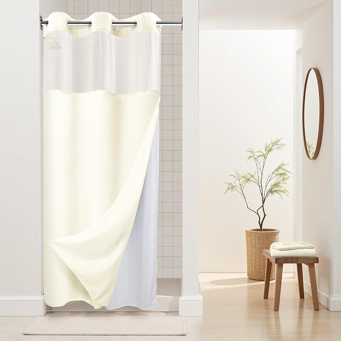 River Dream Stall Heavyweight No Hooks Required Dotted Waffle Weave Shower Curtain with Snap in Liner - 36W x 74H,Hotel Grade,Spa Like Bath Curtain,Graphite Cream