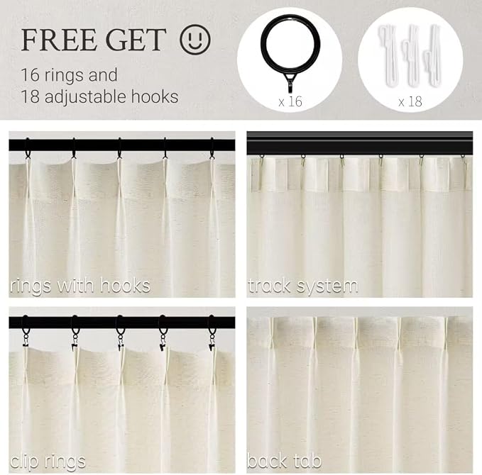 Topfinel Pinch Pleated Curtains 90 Inches Long 1 Panels Set,Natural Cream Semi Sheer Cotton Blend Fabric Aesthetic Advanced Curtain Drapes for Living Room Bedroom,72x90 inch Length