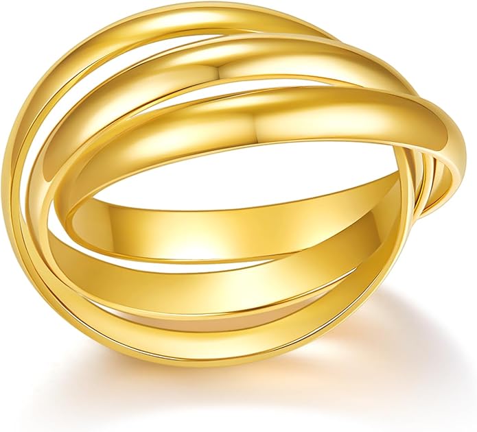 BORUO 925 Sterling Silver Ring, 14K Gold Plated Waterproof Fidget Anxiety Ring, Triple Row Rolling Interlocking Stacking High Polish Band for Women, Men| Each Band Width 1.8mm 3mm Size 4-12