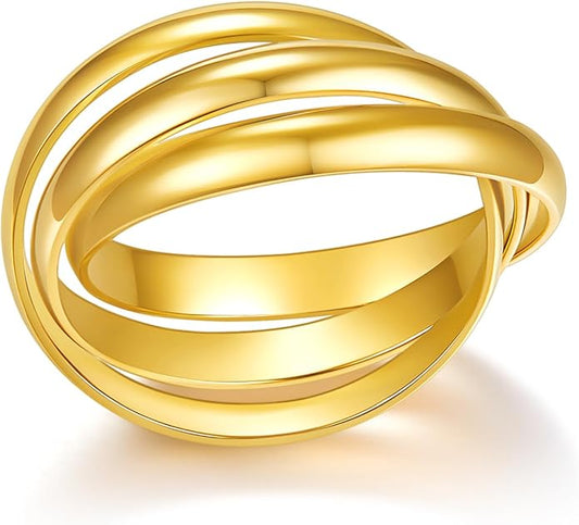 BORUO 925 Sterling Silver Ring, 14K Gold Plated Waterproof Fidget Anxiety Ring, Triple Row Rolling Interlocking Stacking High Polish Band for Women, Men| Each Band Width 1.8mm 3mm Size 4-12