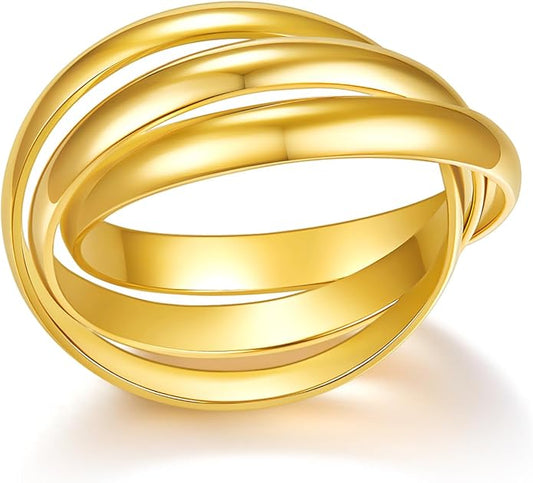 BORUO 925 Sterling Silver Ring, 14K Gold Plated Waterproof Fidget Anxiety Ring, Triple Row Rolling Interlocking Stacking High Polish Band for Women, Men| Each Band Width 1.8mm 3mm Size 4-12