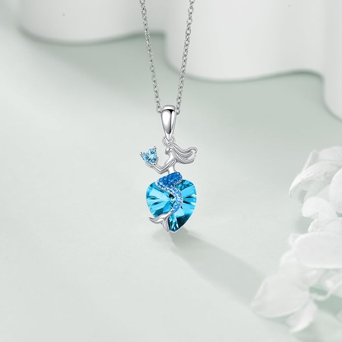 Mermaid Birthstone Necklace for Women 925 Sterling Silver Jewelry Austrian Crystal Pendant Christmas Gifts for Her
