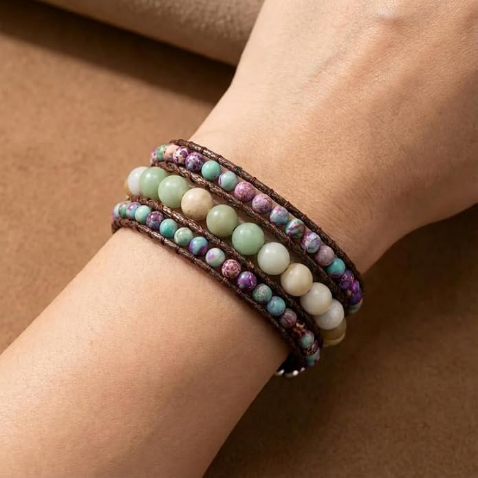 YGLINE Boho Handmade Natural Stone Bead 3 Row Wide Wrap Wrist Statment Bracelet Jewelry Collection