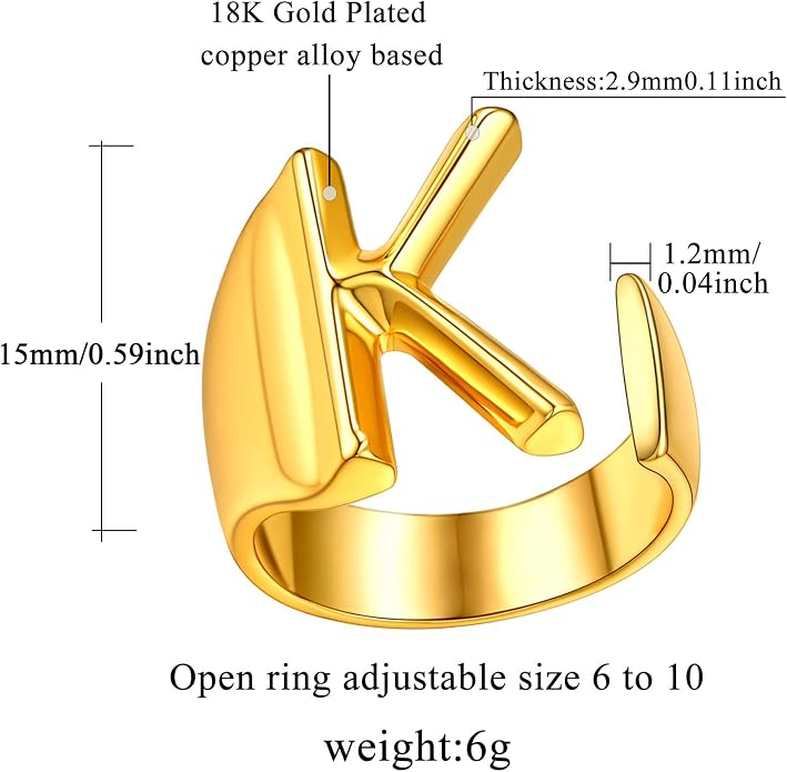 FindChic Customizable Initial Ring Statement 18K Gold Plated Fashion Cuff Rings for Women Alphabet Letter A to Z Resizable Knuckle Ring (with Gift Box)