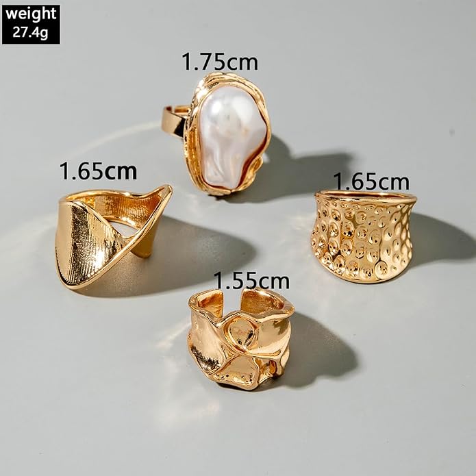 Chunky Gold Irregular Rings Stack Set for Women Statement Baroque Pearl Flower Stackable Knuckle Finger Ring Non Tarnish Boho Hammered Jewelry Gifts