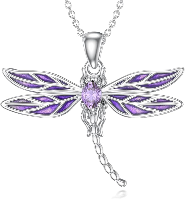 925 Sterling Silver Dragonfly Necklace for Women Purple Cubic Zirconia Dragonfly Pendant Ladies Jewelry Gifts