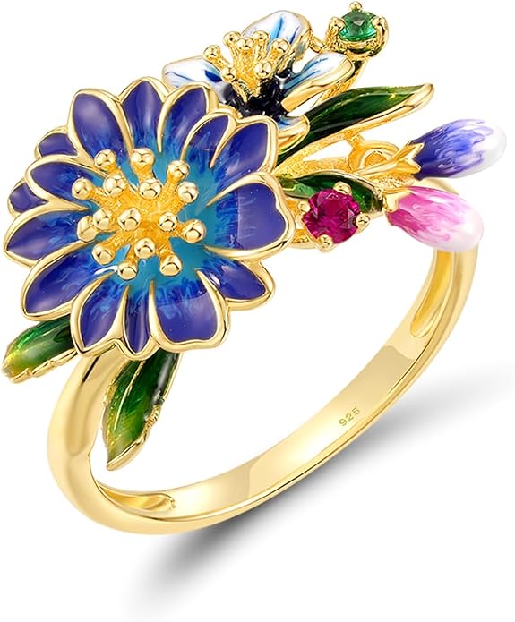 Santuzza 925 Sterling Silver Enamel Flower Ring for Women
