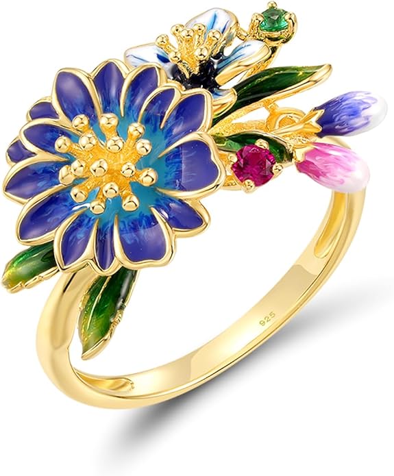 Santuzza 925 Sterling Silver Enamel Flower Ring for Women
