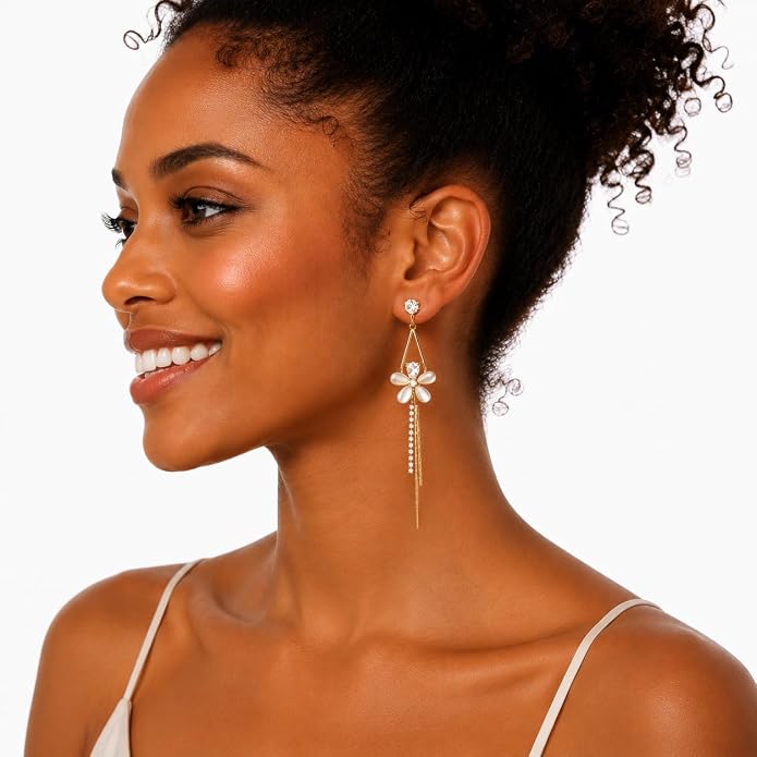 14K Gold Plated Flower Dangle Earrings for Women, Hypoallergenic Cubic Zirconia Long Threader Chandelier Earrings, Elegant Crystal Jewelry for Wedding Bridal Prom Party Gifts