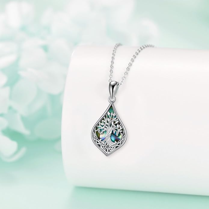 ONEFINITY Celtic Tree of Life Necklace 925 Sterling Silver Celtic Knot Abalone Shell Pendant Necklace Tree of Life Nature Jewelry Gift for Women