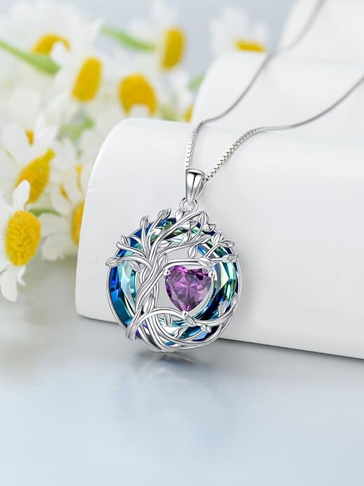 TOUPOP Tree of Life Birthstone Necklace Sterling Silver Pendant Birthstone Necklaces with Blue Crystal Anniversary Birthday Jewelry for Women Mom Wife Her