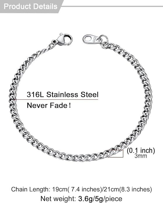 U7 Link Bracelets for Men, Cuban Link/Rope/Watch Band Solid Bracelet, Silver Black Gold Color Wrist Bracelet 3/6/9/12/15mm Width, 6.5/7.5/8.3 Inch Length, Hand Chain Jewelry for Mens Women