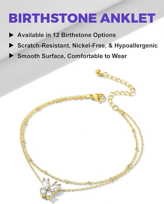 Richsteel Double Layer Heart/Butterfly Birthstone Anklet for Women Non Tarnish Waterproof, Silver/Gold/Black Stainless Steel 8.5-10.5 Inch Adjustable Chain Anklets Jewelry Gifts for Her