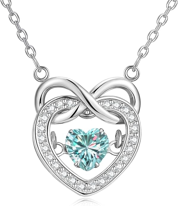 Trendy Dainty Infinity Birthstone Necklace, Dancing Heart 18K White Gold Plated 925 Sterling Silver Heart Necklace, Romantic Love Jewelry Graduation Gifts for Women Her