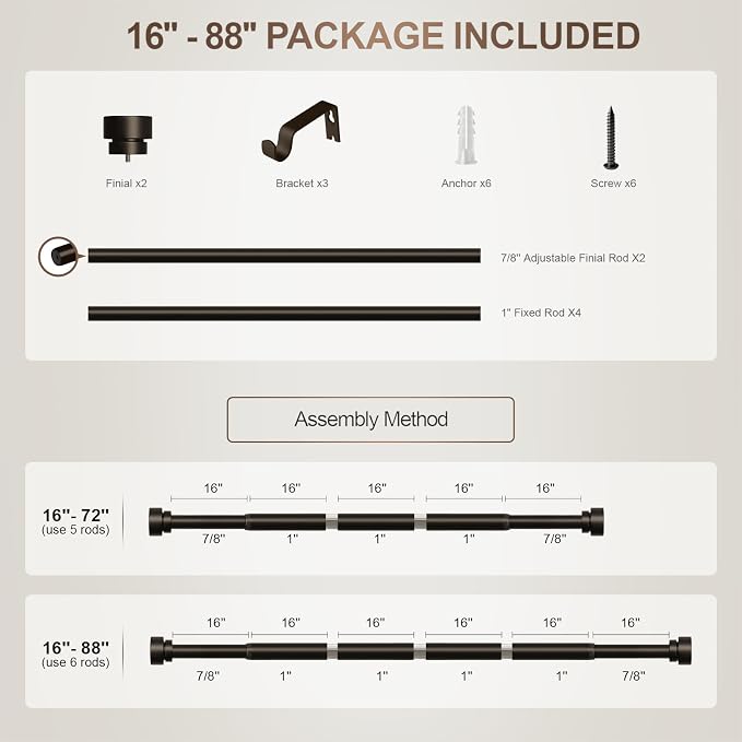 Lootkell Modern Brown Curtain Rods for Windows 48 to 84 Inches Adjustable Length Heavy Duty 1" Diameter Window Curtain Rod with Decorative Finials for Outdoor Farmhouse Bedroom Kitchen Living Room