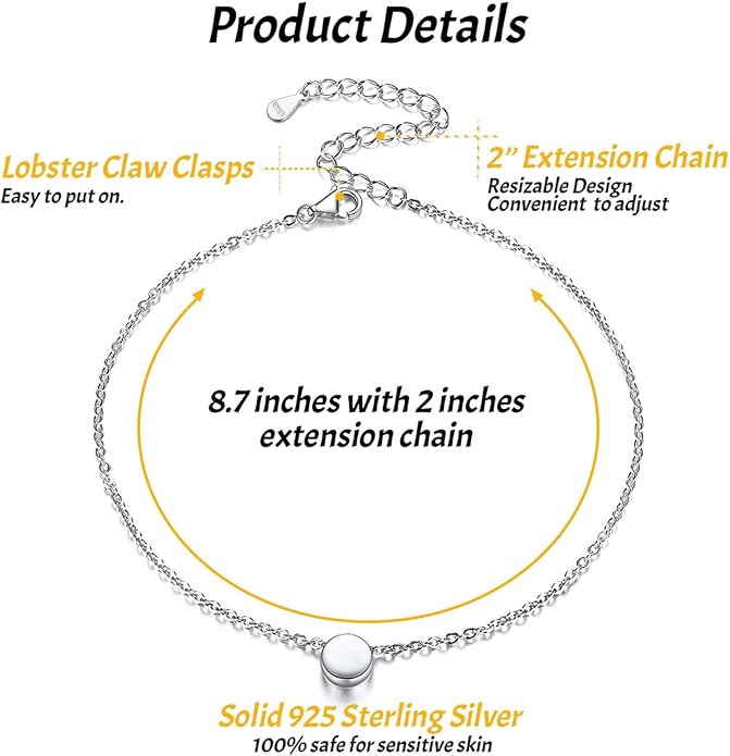 ChicSilver Personalized 925 Sterling Silver Tiny Heart/Moon/Star/Sun/Dot/Triangle Anklets Simple Dainty Foot Jewelry for Women, Silver/Gold Plated/Rose Gold Plated