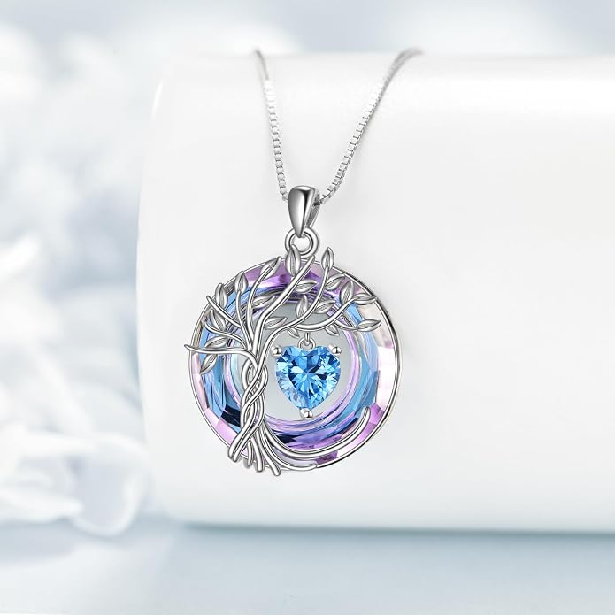 POPLYKE Mothers Day Gifts for Mom Her Wife Tree of Life Necklace 925 Sterling Silver Birthstone Pendant with Crystal Anniversary Birthday Wedding Jewelry for Women