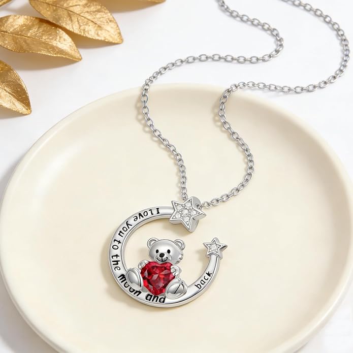 PELOVNY Teddy Bear Necklace for Women 925 Sterling Silver Bear/Highland Cow/Fox/Cat/Axolotl Birthstone Necklace Christmas Birthday Jewelry Gifts for Mom Daughter Wife Sister