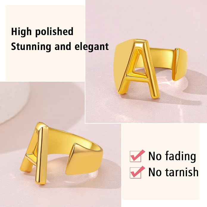 FindChic Customizable Initial Ring Statement 18K Gold Plated Fashion Cuff Rings for Women Alphabet Letter A to Z Resizable Knuckle Ring (with Gift Box)