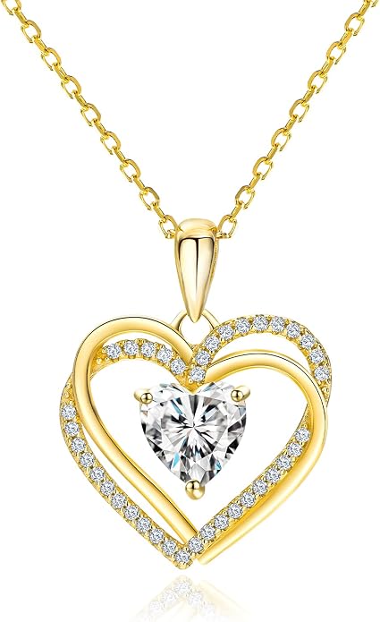 Anniversary Charm Necklace, Sterling Silver 14K Gold Plated Chain with Interlocking Heart Pendant Elegant Birthstone Necklaces for Women, Length 18"