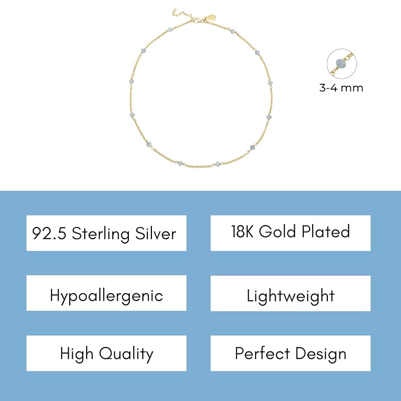 Aquamarine Necklace for Women, Premium Beaded Gold Necklaces for Women - Tarnish Free 18K Gold Vermeil Certified S925 Classic Statement Necklace Gold Jewelry for Women - Mothers Day Gifts for Mom Wife